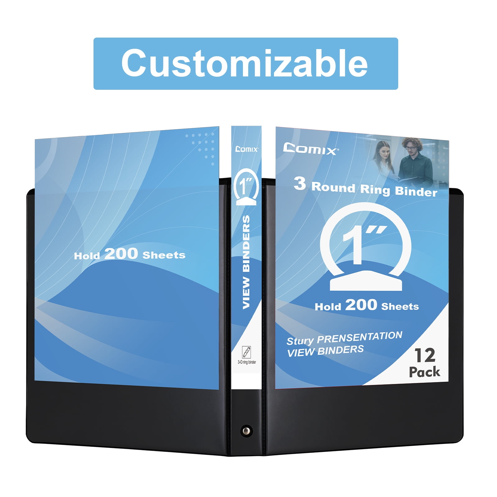 Comix Sturdy 1 inch 3 Ring View Binder, 1" Round Ring,  200 Sheets Paper, 12 Pack Black 2mm-thick cardboard