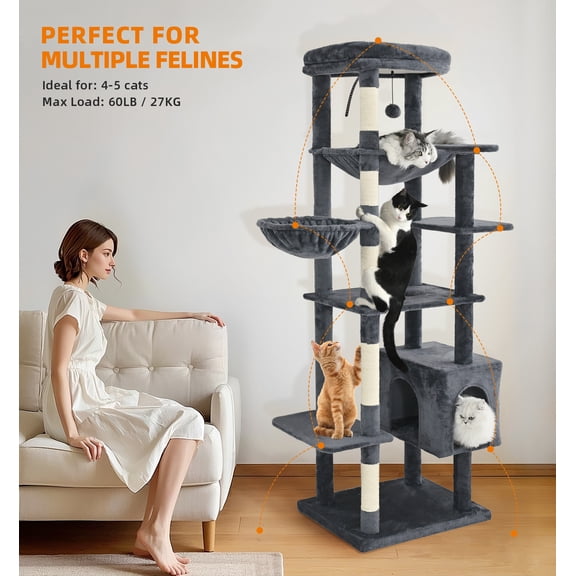 Tall Cat Tree, 71 Inches Multi-Level Cat Tower for Large Adult Indoor Cats, Plush Cat Tree with 5 Scratching Posts, 2 Hammocks, Condo & Perch, Dark Grey
