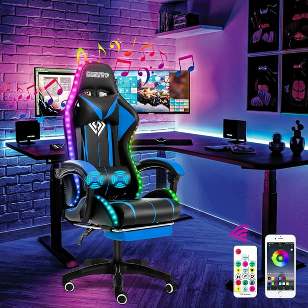 Hoffree Gaming Chair with Bluetooth Speakers and Footrest Massage Office Chair with LED Lights Ergonomic Game Chair High Back with Lumbar Support and Headrest Adjustable Swivel Adults 300lb - Walmart.com