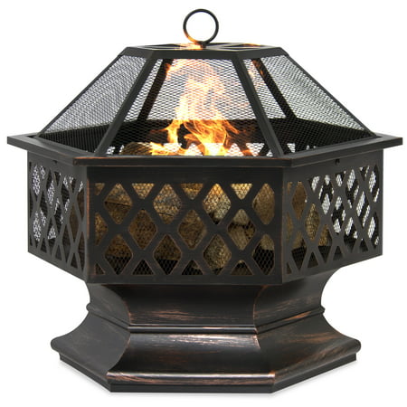 Best Choice Products 24in Hex-Shaped Steel Fire Pit Decoration Accent for Patio, Backyard, Poolside w/ Flame-Retardant Lid - (Best Fire Pit For Deck)