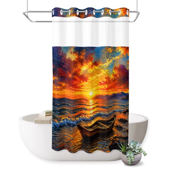 No Hook Shower Curtain, Coastal Beach Shower Curtains for Bathroom with See Through Top Window, Summer Ocean Oil Painting Waves Sky Blue Waterproof & Washable Bath Curtain Stand Up Stall 36"x72"