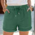 thumbnail image 2 of Staki Women's Linen Shorts with Pockets Drawstring High Elastic Waisted Wide Leg Loose Casual Summer Shorts(Dark Green,L), 2 of 7