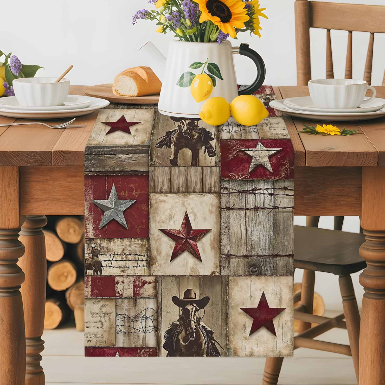 Vintage Texas Western Country Star Table Runner 90 Inches Long, Cowboy Horse Wooden Plank Table Runners Tabletop Scarf Kitchen Dining Tables Decoration for Home Party Indoor Outdoor