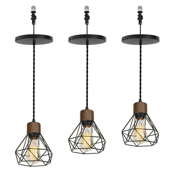 KAYYELAMP 3-Pack Hanging Light E26 Walnut Base Black Metal Cage Shade Adjustable Height Droplight Vintage Design Pendant Light for Kitchen Island Sink Bedroom