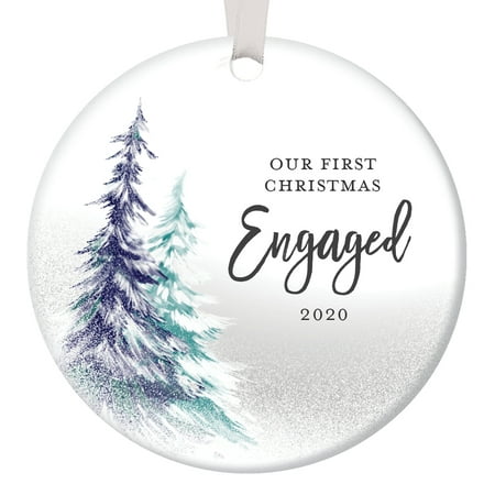 Our First Christmas Engaged, Engagement Ornament 2019 Fiance Fiance Couple Present Idea Snow Trees, 1st Xmas Ceramic 3