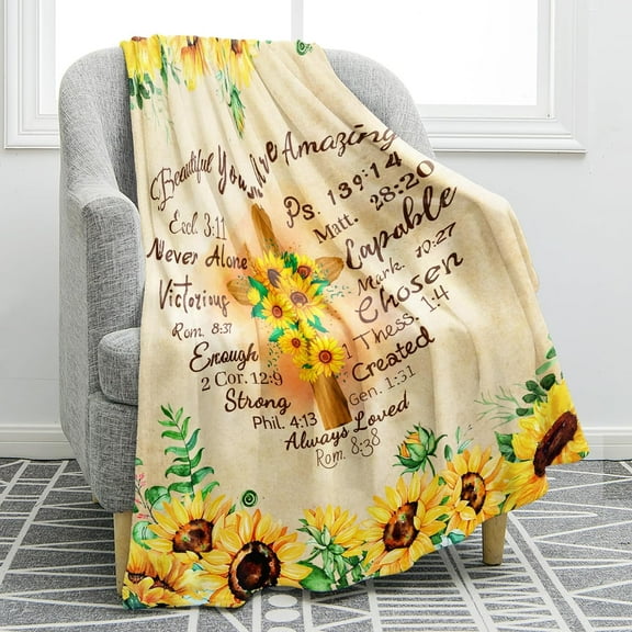 Christian Sunflower Blanket Inspirational Religious Faith Gifts for Women Men Kids Girls Boys Birthday Christmas Halloween Presents Flower Floral Decor Plush Throw Blankets 50"x60"