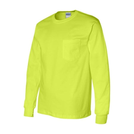 Gildan - Ultra Cotton Long Sleeve Pocket T-Shirt - 2410 - Safety Green - Size: S