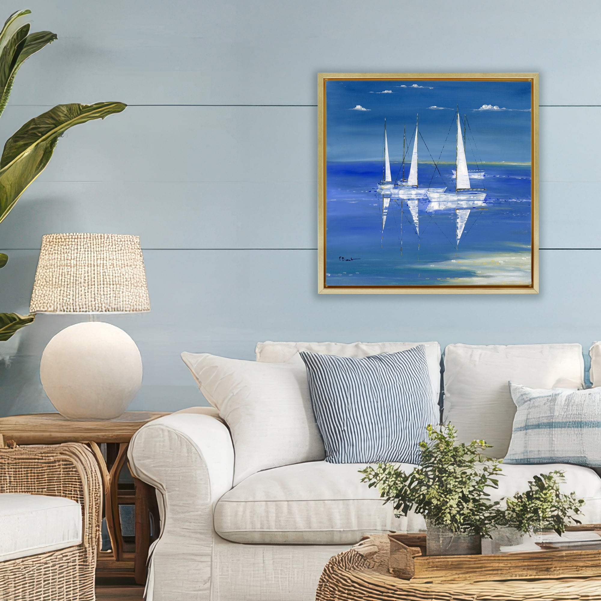 Stupell Industries Serenity Sailboats Reflected on Water Gold Framed Floater Canvas Wall Art, design by Paul Brent