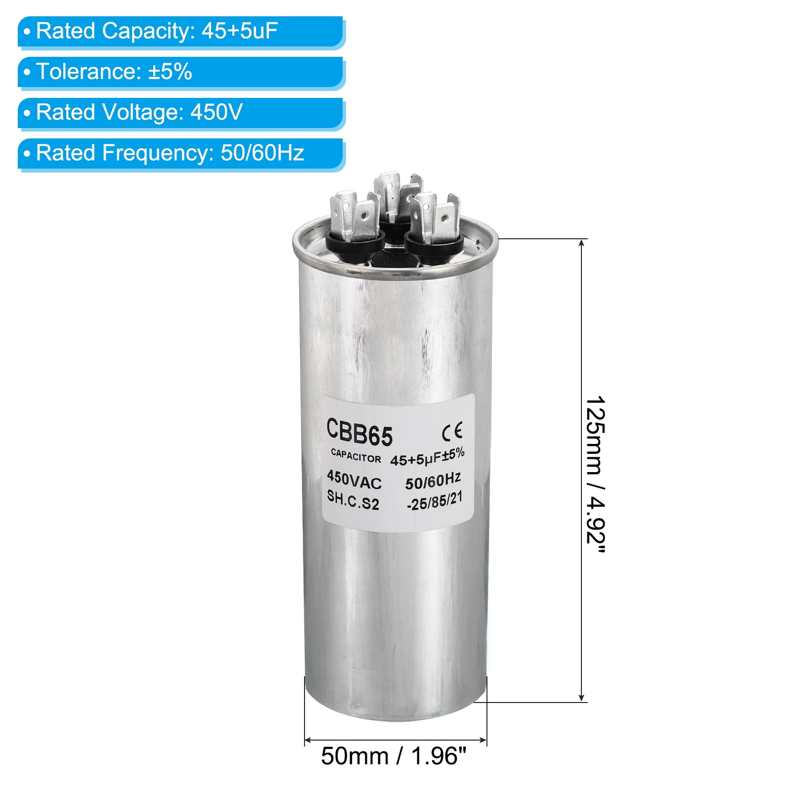 Uxcell CBB65 45+5uF Run Capacitor,45+5mfd 1Pcs AC 450V Aluminum Case with 3 Terminal