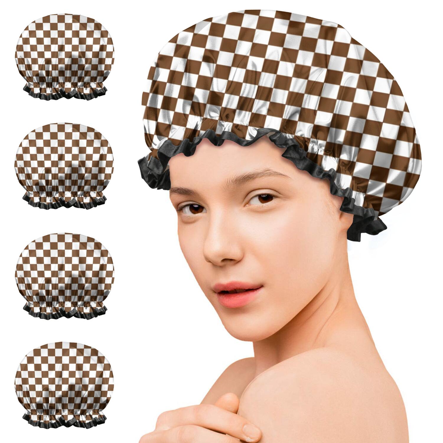Shower Caps,Brown and White Checkerboard Pattern Waterproof Shower Cap for Women 4 Pieces,Double Reusable Hair Cover for Shower PEVA Elastic Stretch Hem