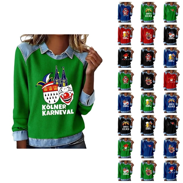 Mardi Gras Chemises à Manches Longues pour Femmes 2026 Mode Denim Patchwork Col à Revers Chandail en Molleton Graphique