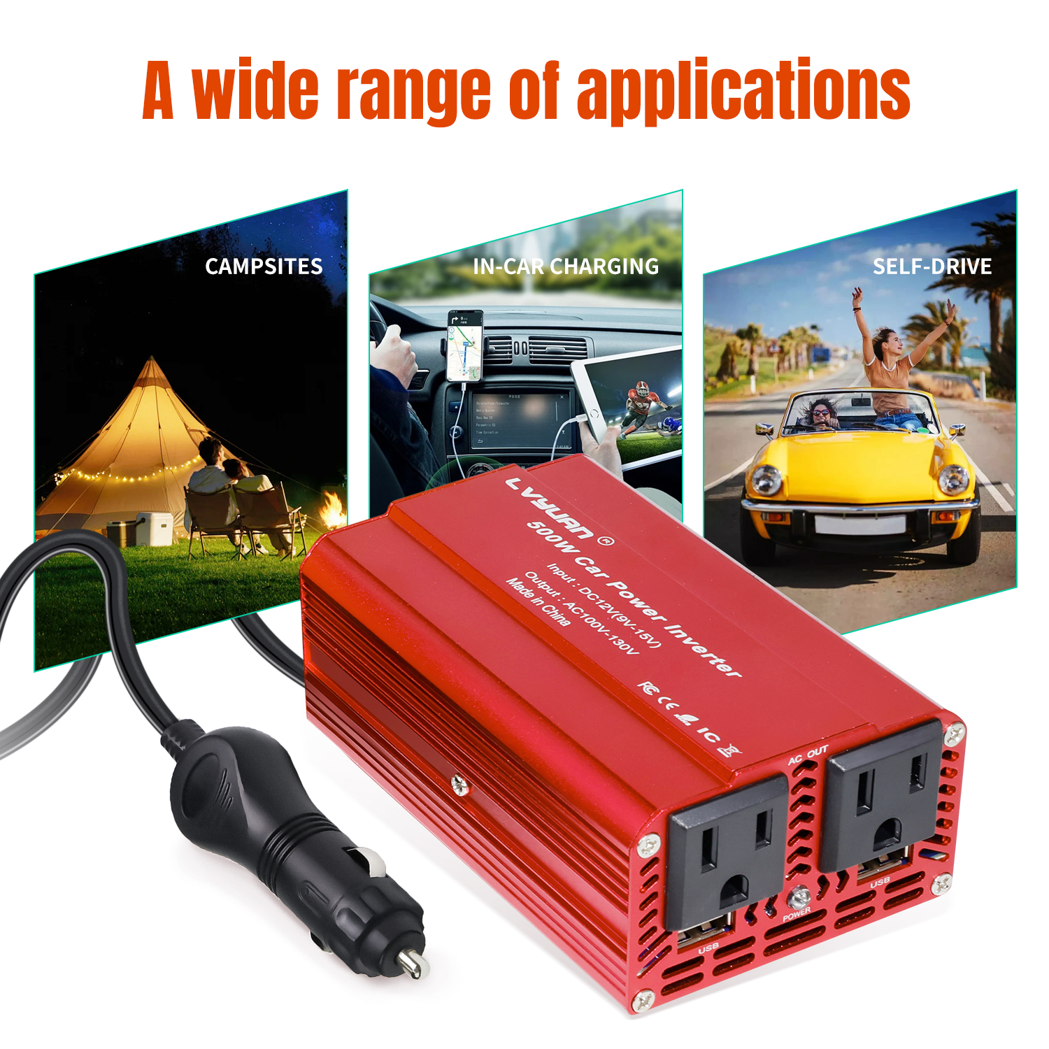 EFFORTWAY 500 Watts Power Inverter Car Converter DC 12V to AC 110V 120V Adapter Battery Charger for Car 2AC 2USB Red