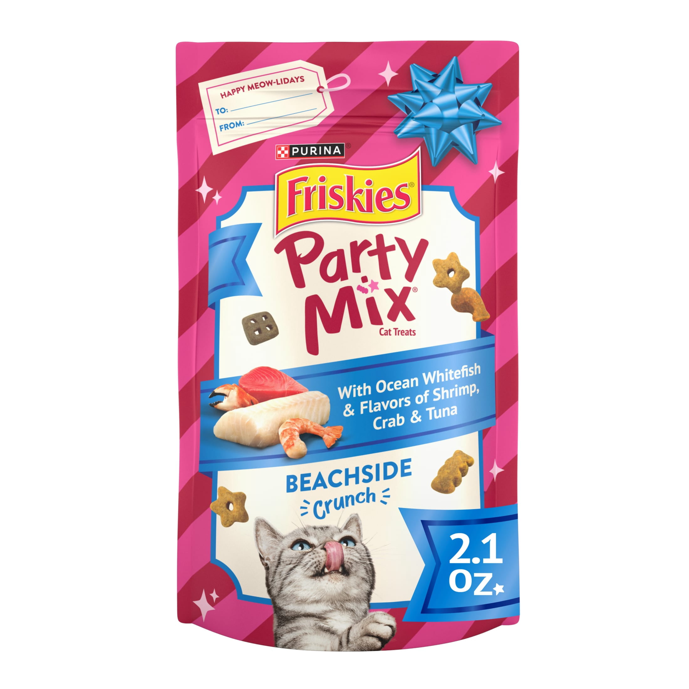 (12 pack) Purina Friskies Party Mix Beachside Crunch, Cat Treats, Shrimp, Crab, & Tuna, 2.1 oz Bag, 10 Pack