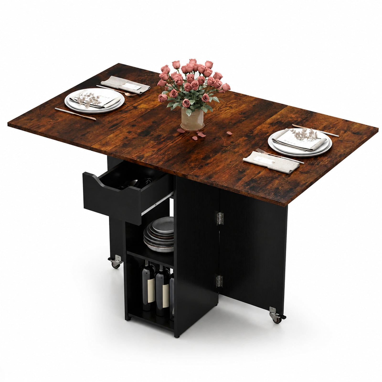 Furnibear 47.5 Inch Farmhouse Extendable Drop Leaf Dining Table with Drawer Two Shelves and Lockable Wheels for Kitchen, Rustic Brown