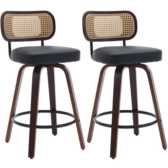 Set of 2 26" Counter Height Bar Stools, 360° Swivel Rattan Cane Back Barstools with Upholstered PU Leather Seat, Walnut Wood Frame Counter Stools for Kitchen Island/Bar/Counter