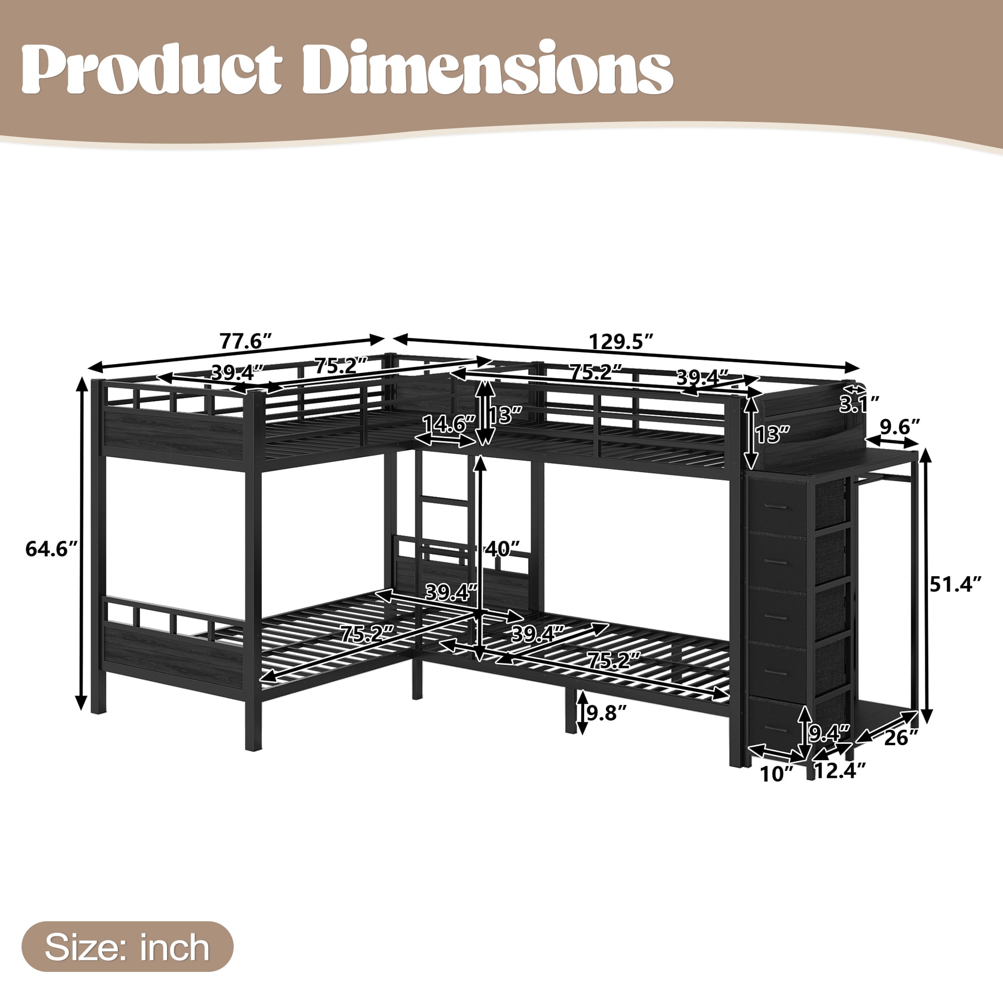 GARITIN Quad Twin Metal Bunk Bed 129.53 Inch, 4 Twin Bed Frame with Storage Drawers and Wardrobe for Kids Room, Black