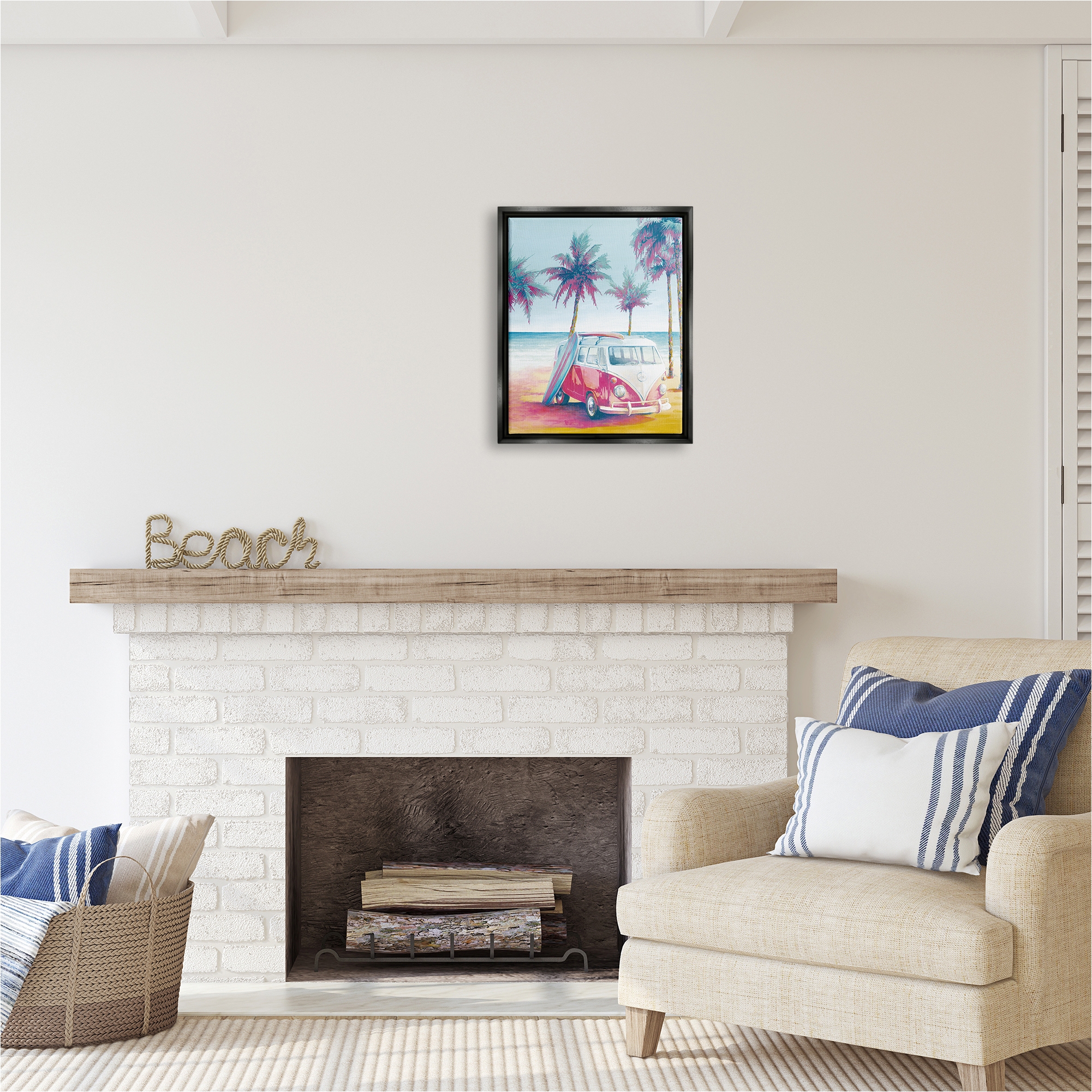 Stupell Industries Tropical Minibus on Beach Transportation Painting Black Floater Framed Canvas Art Print Wall Art, 17 x 21