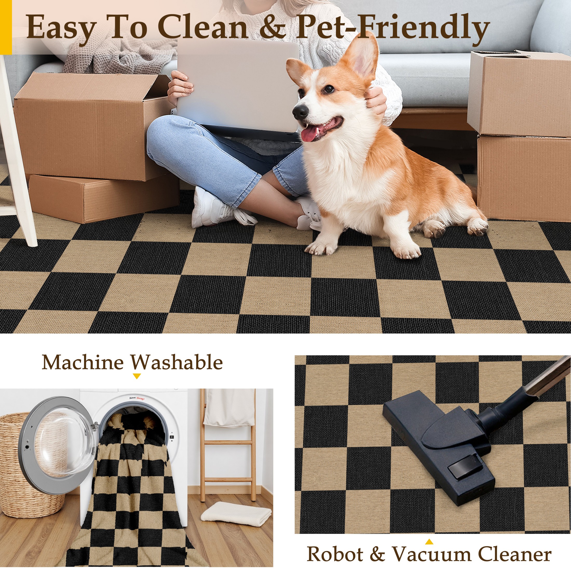 WIPONKEN 6'x9' Easy Jute Checkered Area Rugs for Living Room Washable Indoor Outdoor Non-Slip Carpet for Living Room, Bedroom, Patio Farmhouse Style with Neutral Geometric Rug