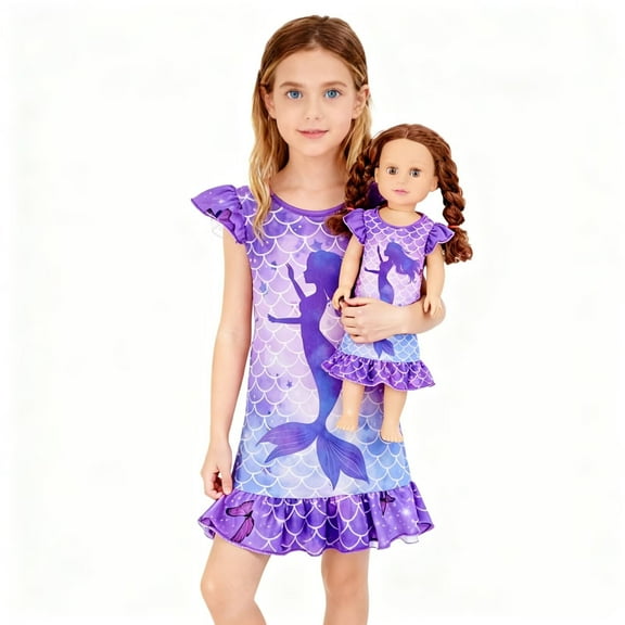 Girls Nightgowns Mermaid Pajamas Sleepwear for Girls and 18" Dolls Clothes
