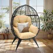 Dextrus Egg Chair Wicker Outdoor Indoor Oversized Large Lounger with Stand Cushion Egg Basket Chair 350lbs Capacity for Patio, Garden Backyard Balcony, Beige