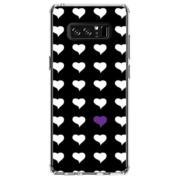 DistinctInk Clear Shockproof Hybrid Case for Samsung Galaxy Note 8 - TPU Bumper, Acrylic Back, Tempered Glass Screen Protector - Purple White Black Repeating Hearts