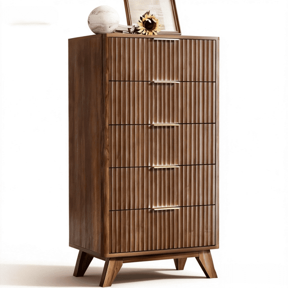 Ktaxon Solid Wood Tall 5 Drawer Dresser Fluted Chest Drawers Soft Close Slides Storage Cabinet Bedroom Living Room Entryway Walnut