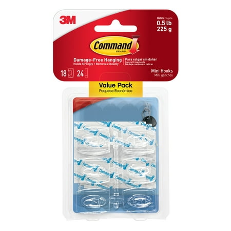 Command Mini Hooks, Clear, 18 Hooks, 24 Strips/Pack