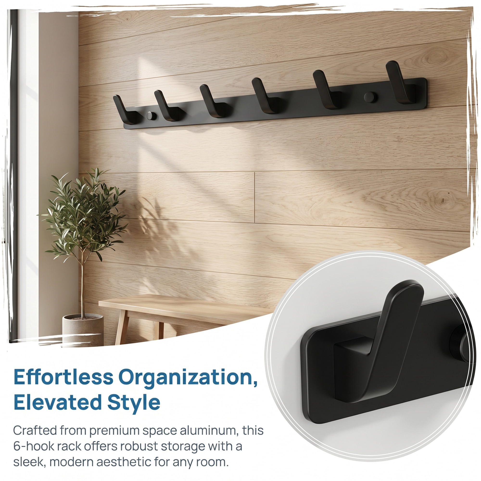 Unique Bargains Coat Rack Wall Mount for Entryway Bathroom Bedroom Black 6 Hooks