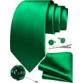 thumbnail image 2 of Vivid Green Ties for Men Silk Satin Necktie and Pocket Square Cufflinks Tie Clip Lapel Pin Set Wedding Business 5PCS, 2 of 5