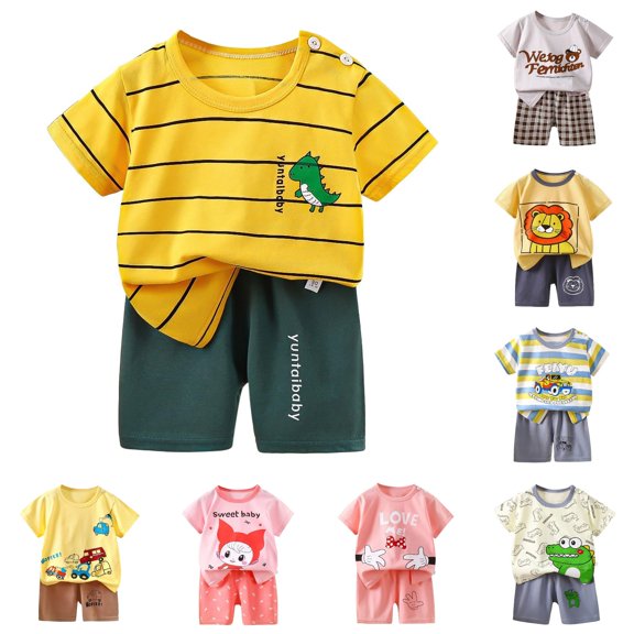 WERYOUNG Toddler Girls Boys Summer Outfits Short Sleeve Cartoon Prints Tops Shorts 2Pcs Sets For Children Weekend Activities Comfortable Clothing Sets 18-24 Months
