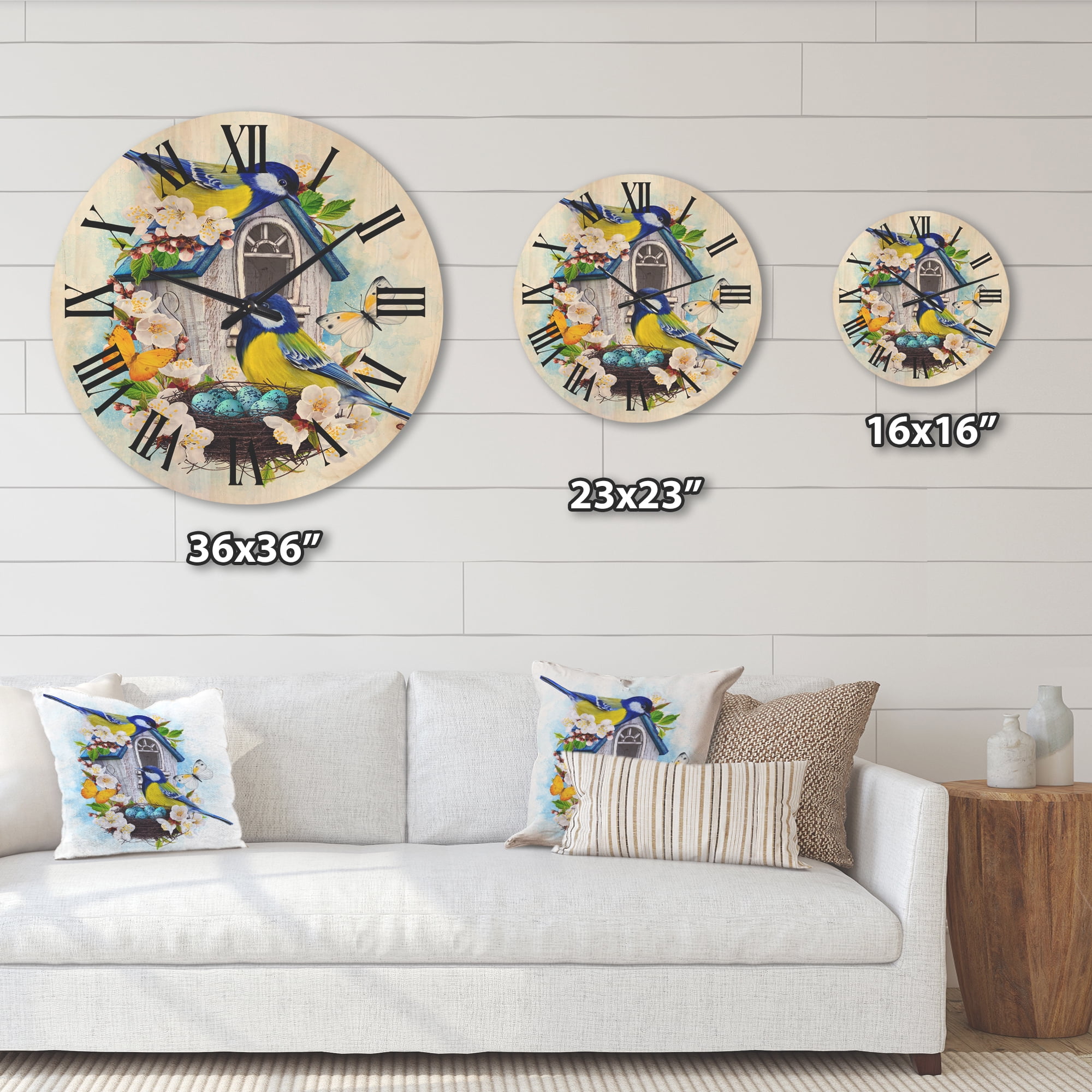 Designart 'Two Tit Birds Sitting Near The Nest With Eggs and White Flowers I' Traditional Wood Wall Clock