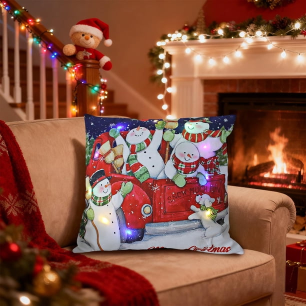 Funda de almohada de poliéster, decoración navideña, almohadas LED navideñas, regalos navideños, almohadas LED que pueden parpadear o permanecer encendidas, dos modos de cambio, cojines de sofá estamp