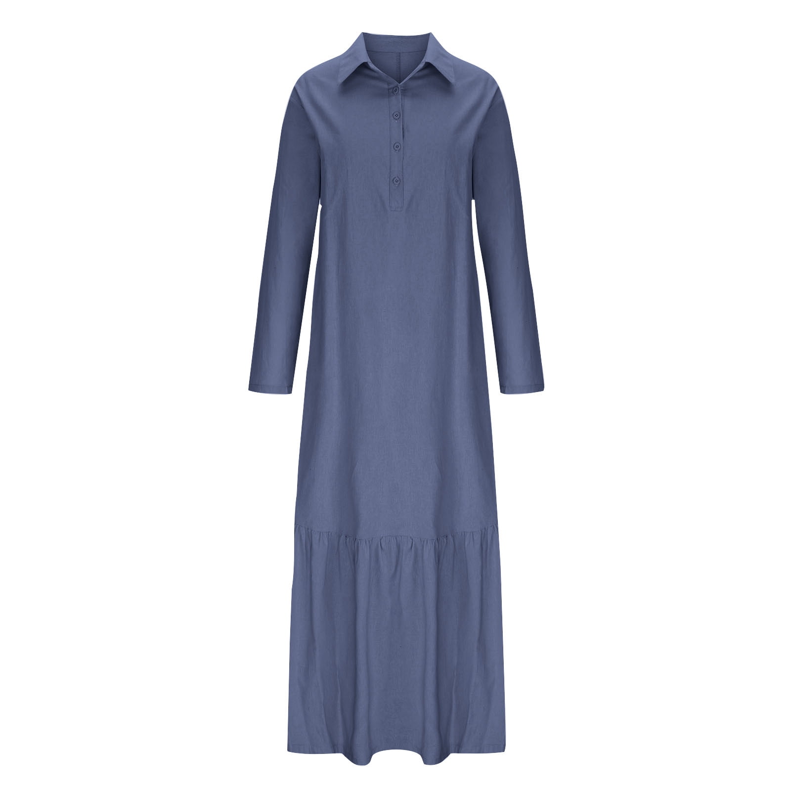 Women Cotton Linen Long Sleeve Button Lapel Maxi Shirt Dress Plus-size Layered Ruffled Hem Dress for Daily Wear