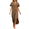 thumbnail image 4 of Tqcoqu Women's V Neck Short Sleeve Side Slit Loose Maxi Casual Dresses with Pockets,Coffee Women's S-XXL, 4 of 9