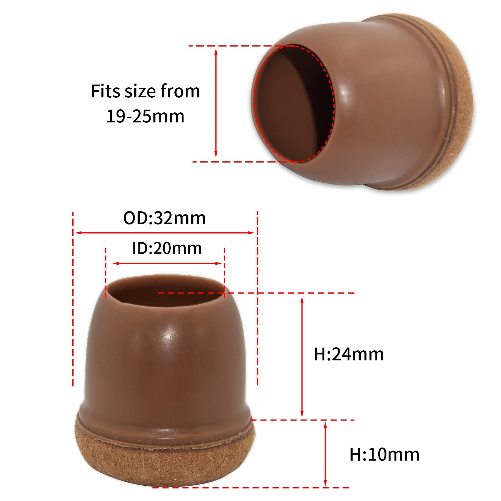 Flyshop 8PCS Round Chair Leg Caps with Felt Pads Durable Floor Protectors for Hardwood Floor Prevent Scratches Reduce Noise Foot Cap, Brown Protective Caps, 19 to 25 mm