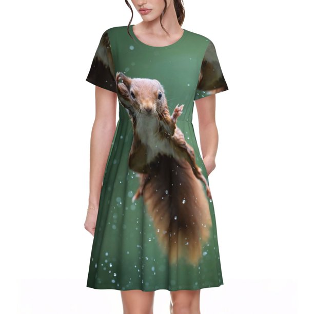 Disketp Squirrel para Vestido de Manga Corta para Mujeres, Vestidos de Verano para Mujeres, Casual y Holgado para la Playa