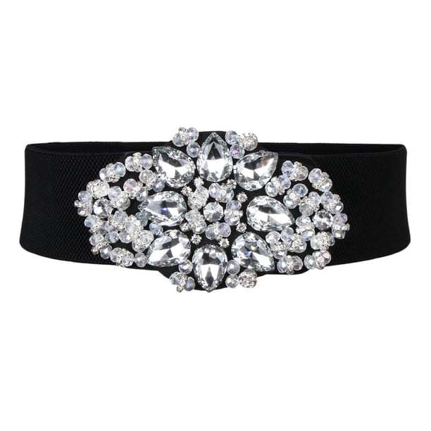Cinturón elástico ancho para mujer con tachuelas y diamantes de imitación Blanco