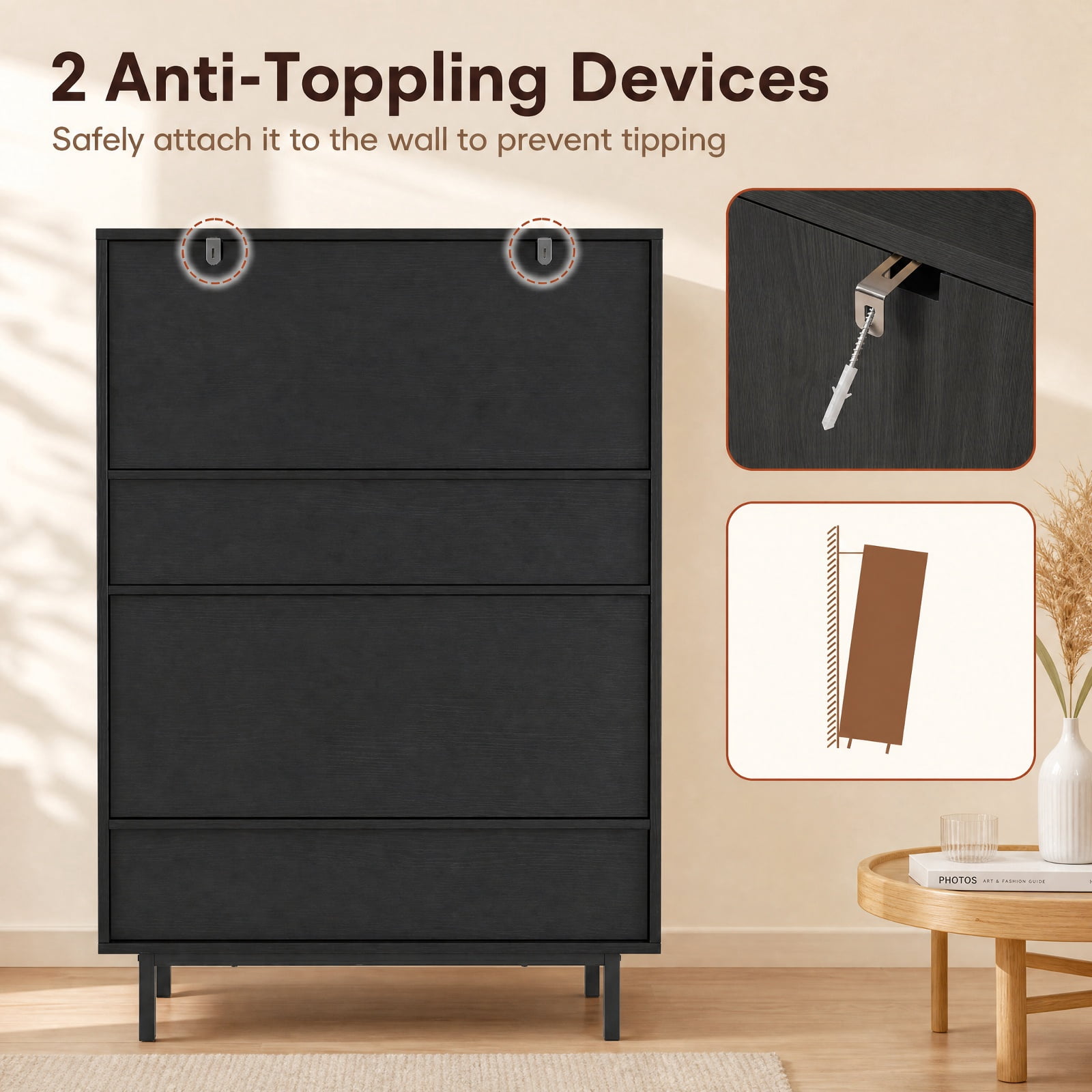 Furnibear 43 Inch Tall 6 Tier Shoe Cabinet with Double Doors and Adjustable Shelves for Entryway Living Room and Closet, Black