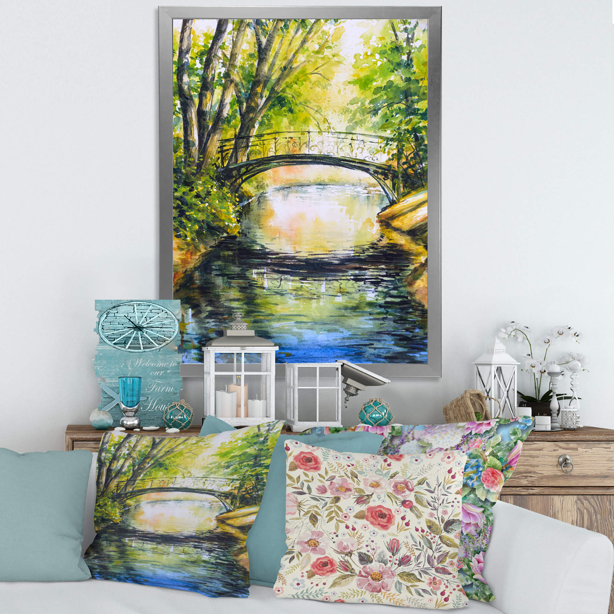 Designart 'Forest Park With Bridge Over Troubled Water' Lake House Framed Art Print