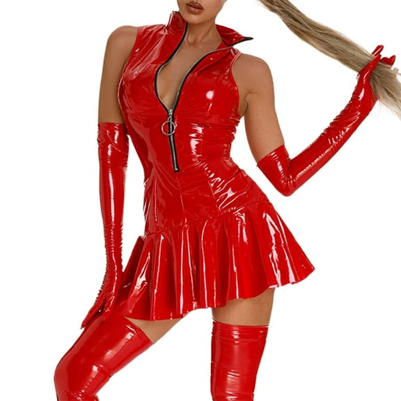 FYEGRE Women Wetlook Patent Leather Dress Tank Latex Shiny Club Dress Outfit Clubwear Red XL