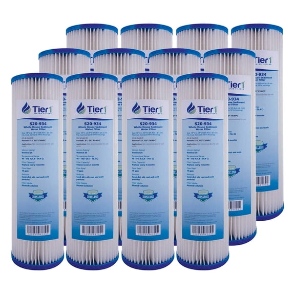 Tier1 20 Micron 10 Inch x 2.5 Inch | 12-Pack Pleated Cellulose Whole House Sediment Water Filter Replacement Cartridge | Compatible with Pentek S1, GE FXWPC, 155001-43, Home Water Filter