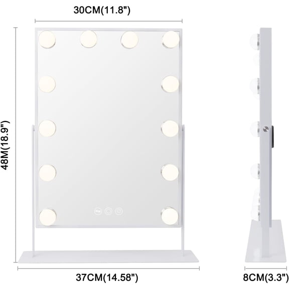 Lighted Vanity Hollywood Mirror with 12 Dimmable Bulbs Smart Touch Control 3 Colors Light for Tabletop, Detachable 10X Magnification
