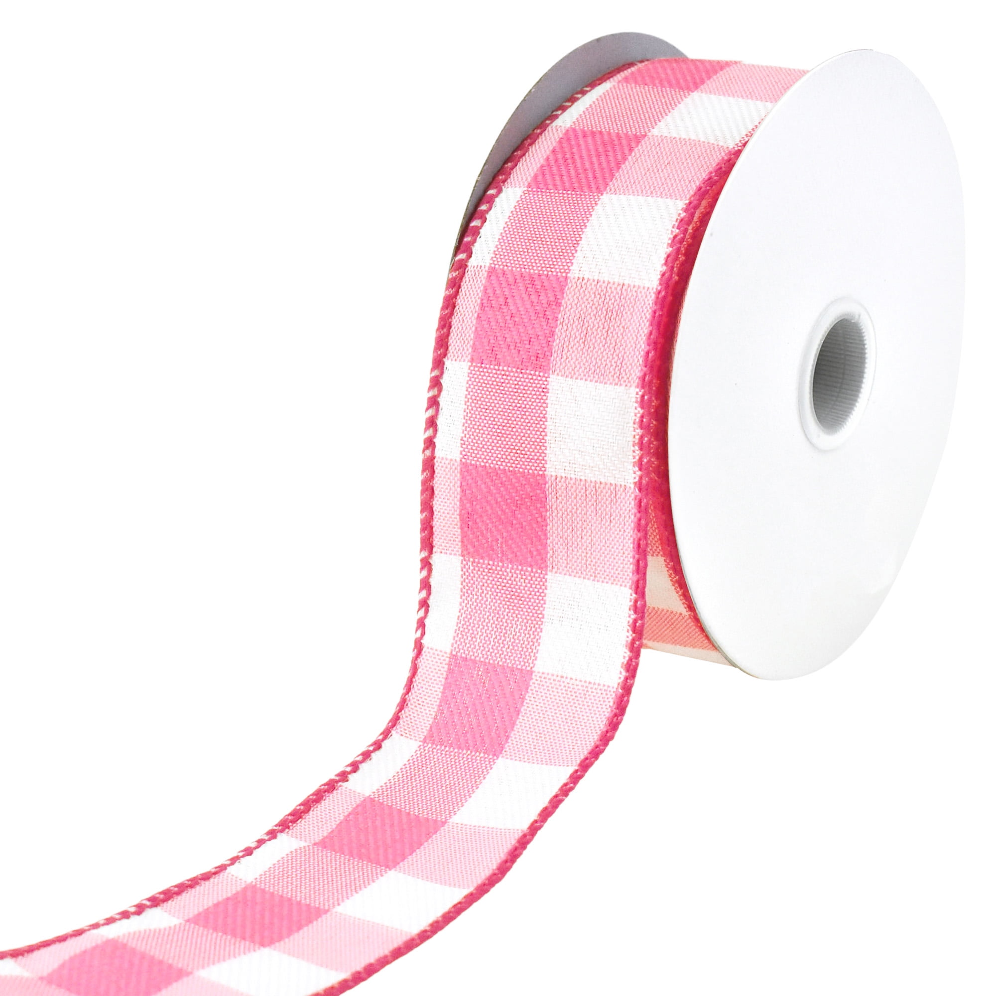 1 1/2 Wired Ribbon, White w/ Pink/Red Printed Bias Plaid