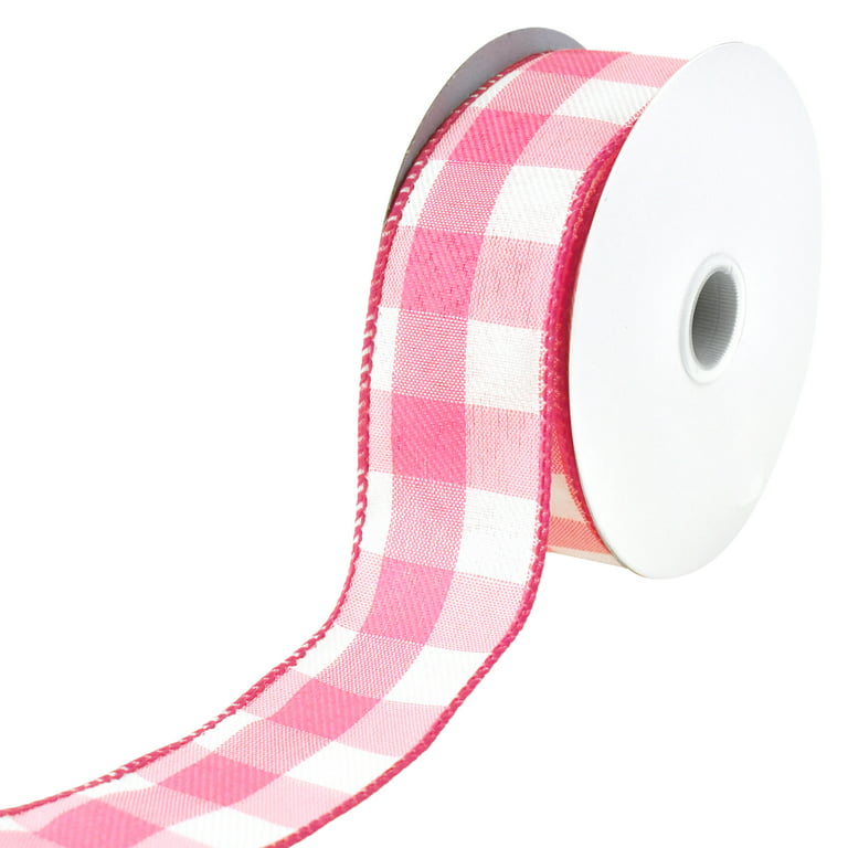 White Buffalo Plaid Wired Ribbon, 1-1/2-inch, 10-yard, Pink 