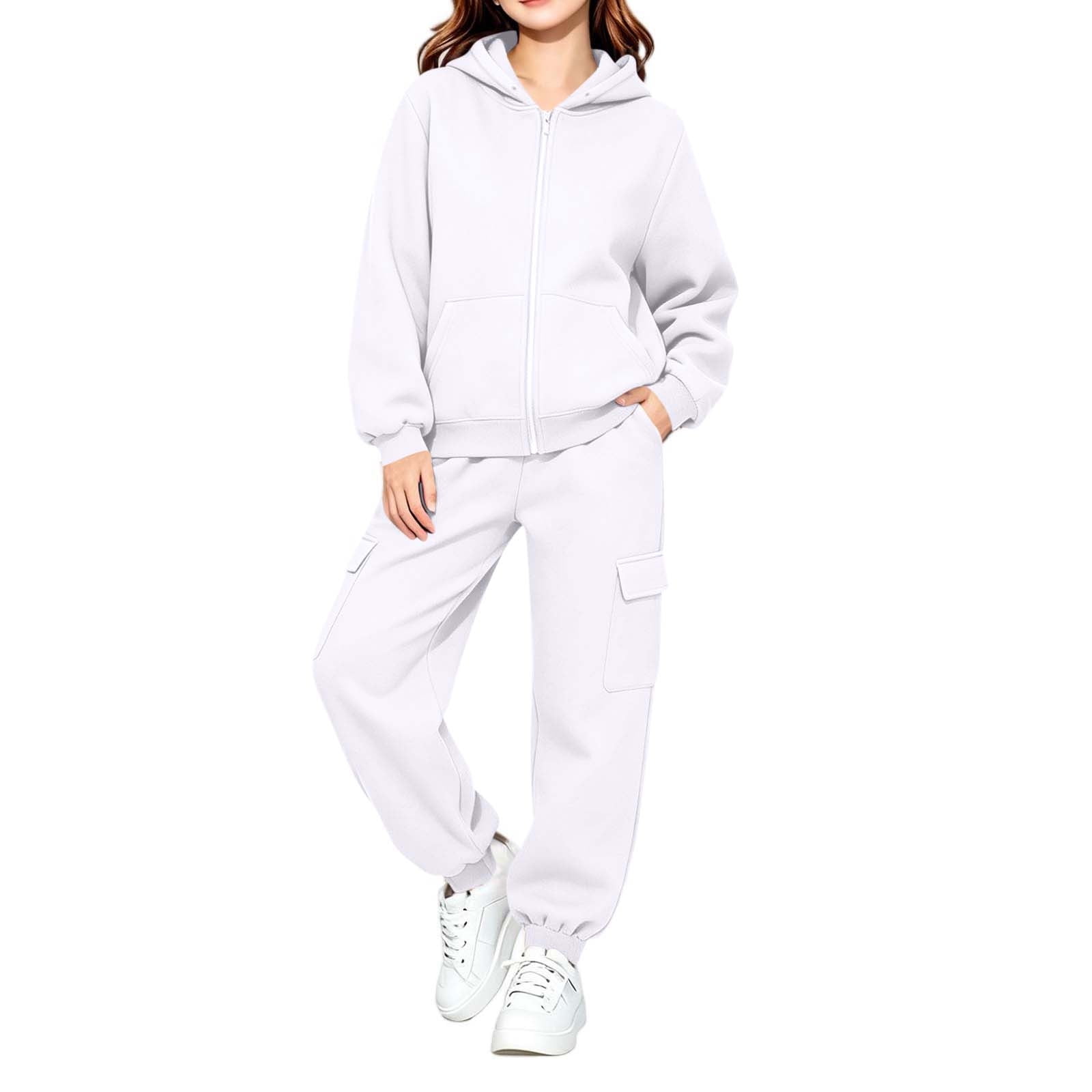 Hduncf Kids Unisex Plain Tracksuit Hoodie with Joggers Jogging Sweatpants Sports Activewear Set Girls Boys 2-14 years White 160
