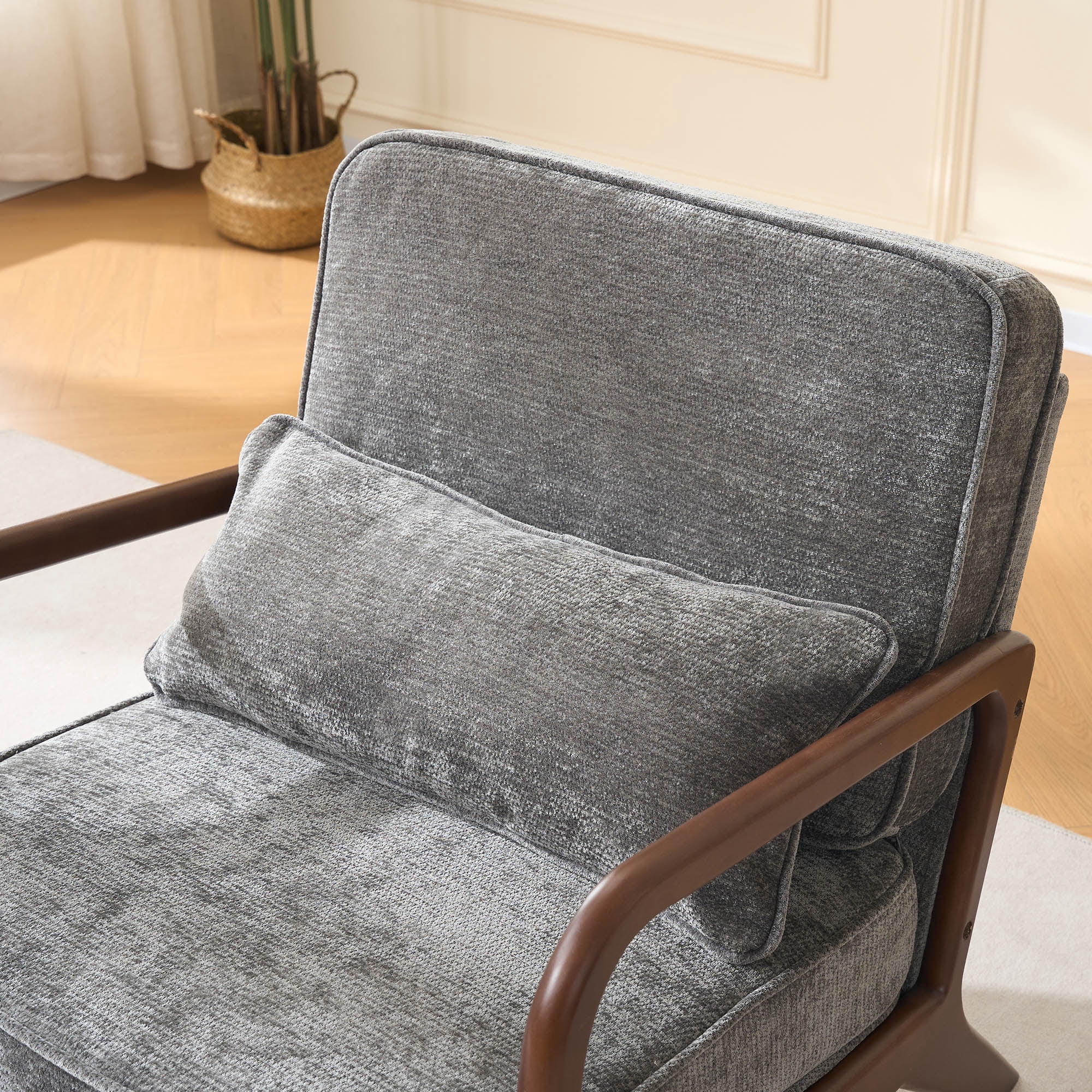 Leumius Modern Accent Chair,Mid-Century Single Upholstered Living Room Chair with Curved Wood Armrests and Lumbar Cushion for Living Room,Bedroom,Dark Grey