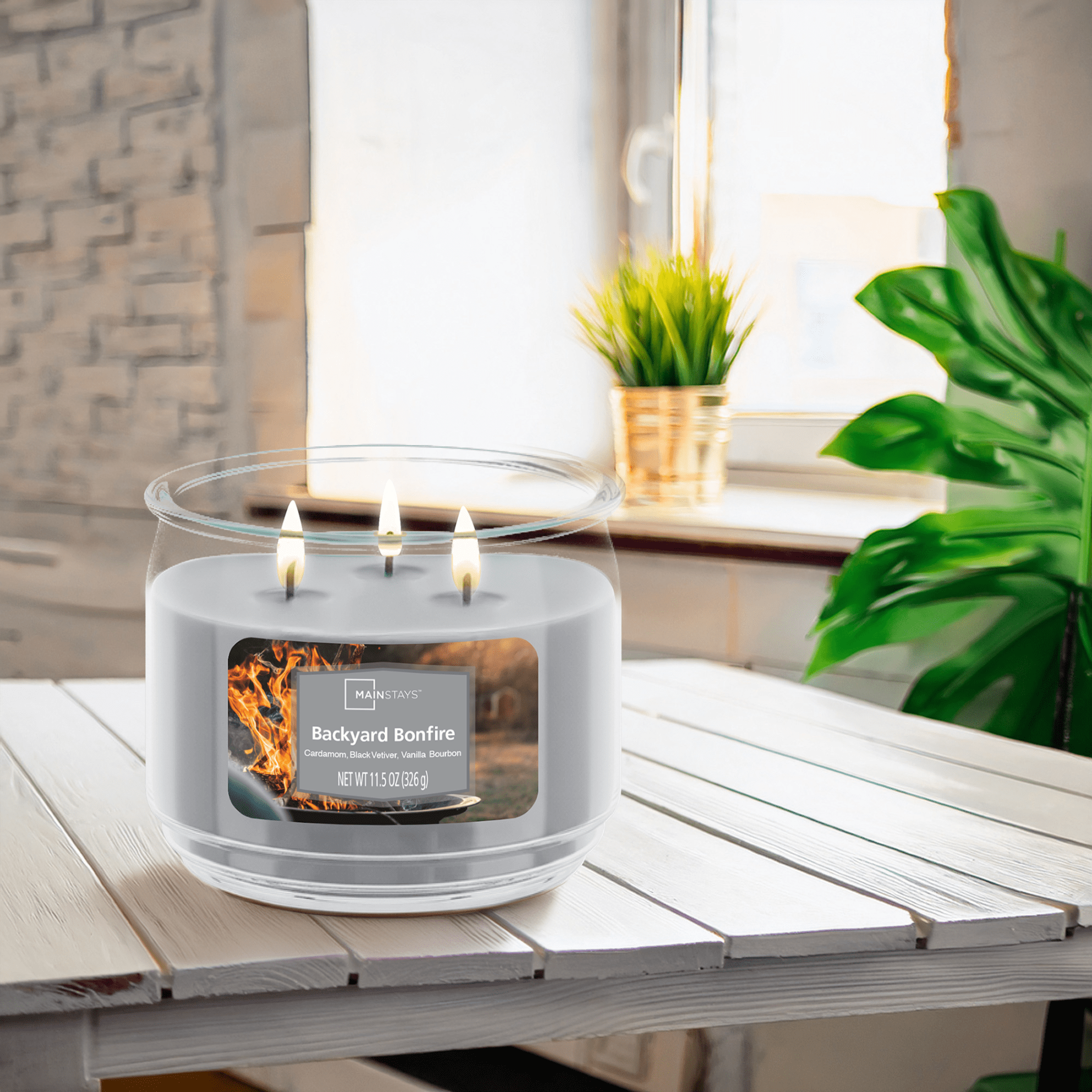 Mainstays 3-Wick Scented Glass Jar Candle, Backyard Bonfire, 11.5oz.