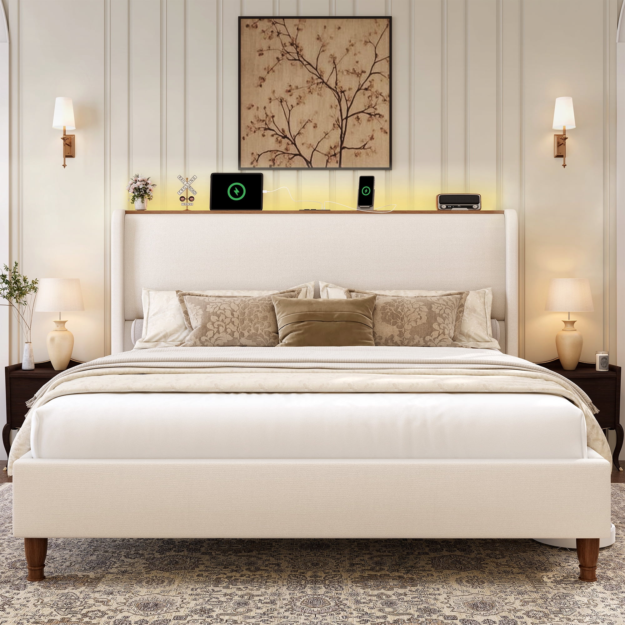 Breltam Upholstered Platform Bed with Wingback Headboard, Queen Bed Frame with LED Lights and Charging Station, Beige