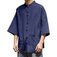 thumbnail image 2 of Ceisia Men Chinese Frog Button Linen Shirt Mandarin Collar Three Quarter Sleeve Casual Top Blue L Gift, 2 of 6