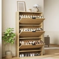 thumbnail image 3 of Fluted Shoe Cabinet with 3 Flip Drawers – Shoe Storage Organizer for Entryway, Hallway, Living Room, 32" Wide Tall Freestanding Hidden Shoe Rack – Natural, 3 of 8
